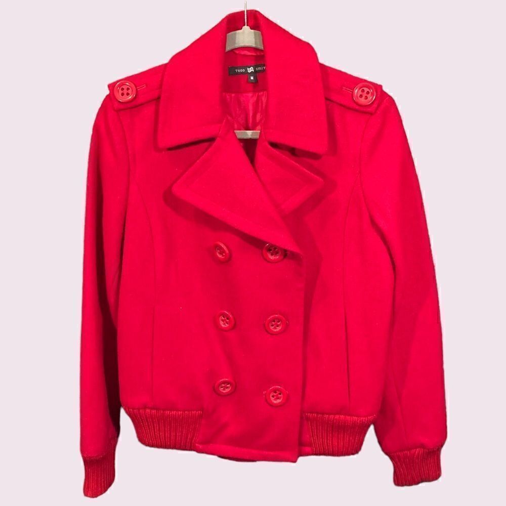 Red Wool Blend Double Breasted Bomber Jacket/Coat